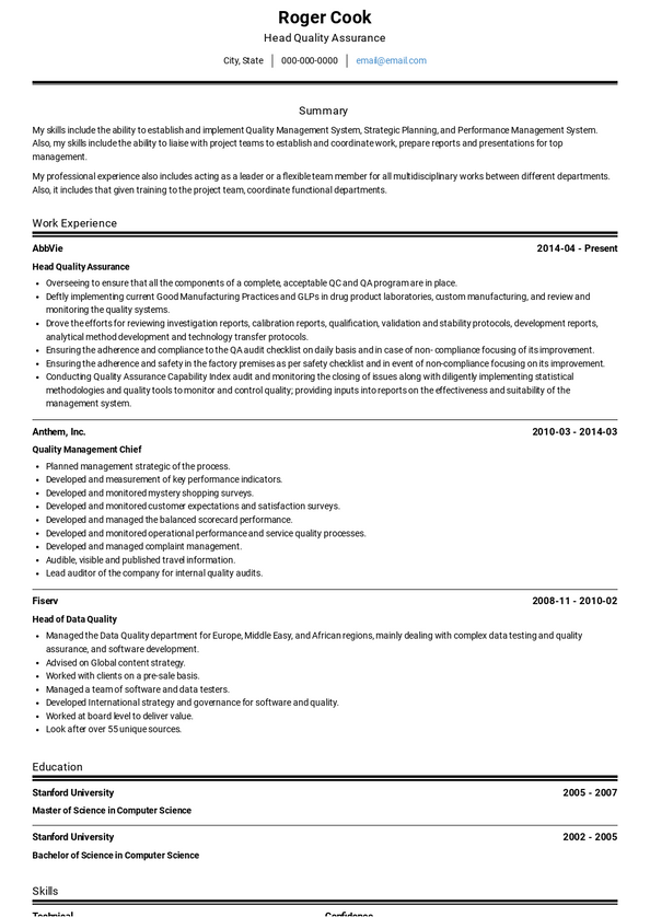 Quality Assurance Manager Resume Samples and Templates | VisualCV