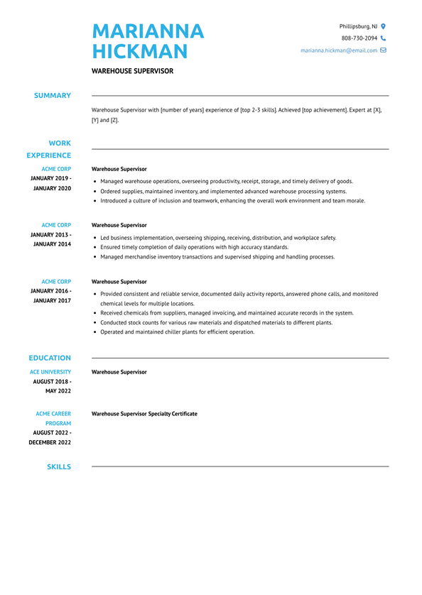 Warehouse Supervisor Resume Examples And Templates