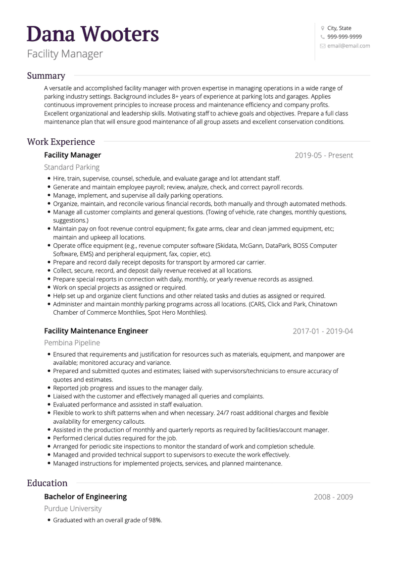 Facility Manager CV Example and Template