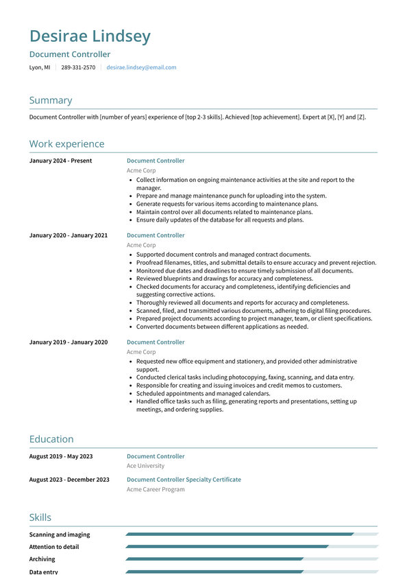 Document Controller Resume Examples and Templates