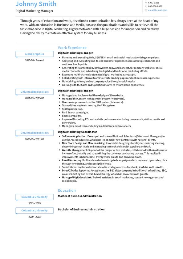 Digital Marketing Manager Resume Samples [+ 2 Examples] | VisualCV