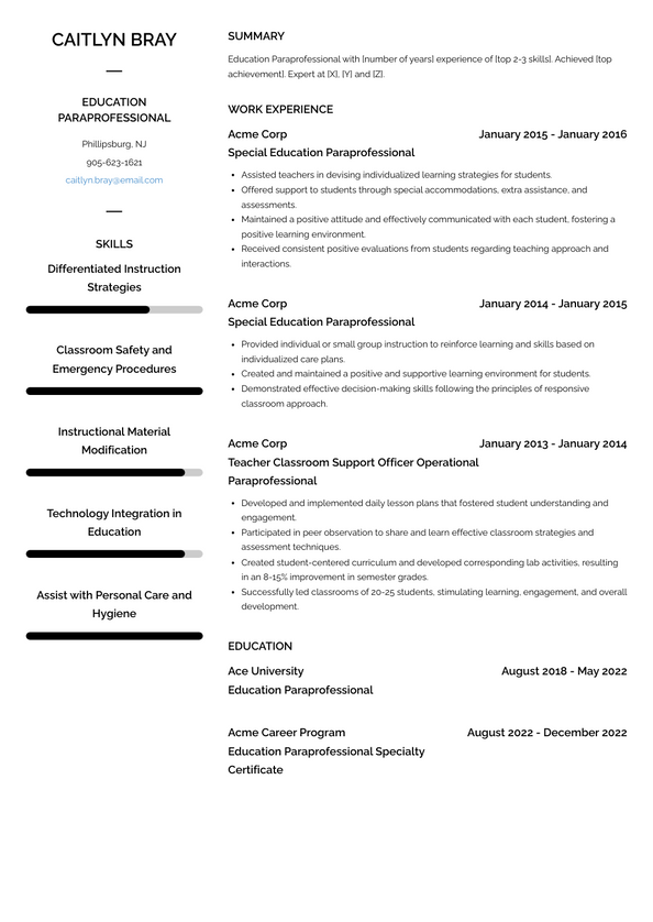 Education Paraprofessional Resume Examples and Templates