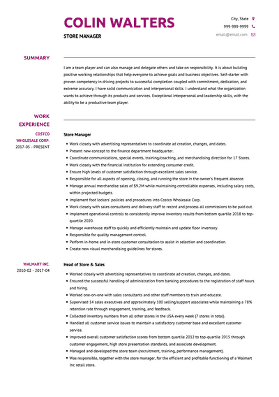Store Manager CV Examples Templates VisualCV   Storemanager Cv Example Arya 