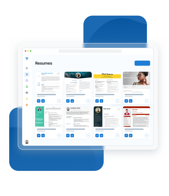 The VisualCV dashboard listing eight resumes in different templates