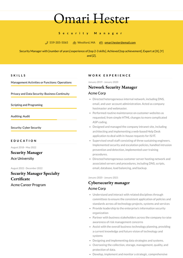 Security Manager Resume Examples and Templates