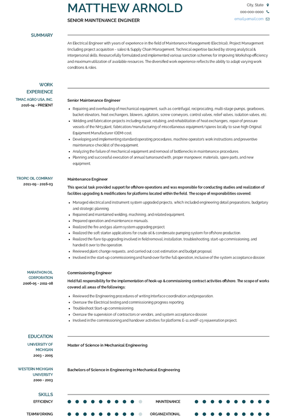 Maintenance Engineer Resume Samples and Templates | VisualCV