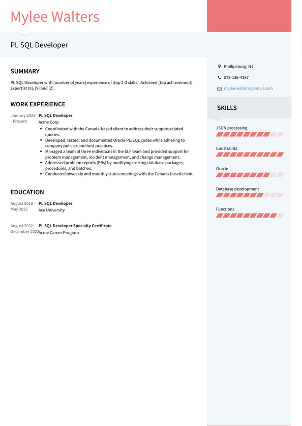 sample resume for plsql developer