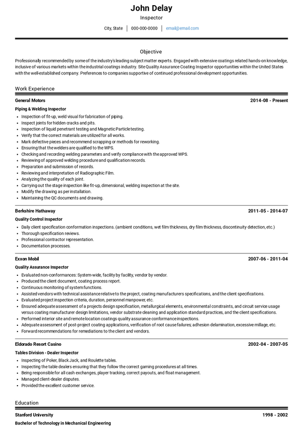 Inspector Resume Samples and Templates | VisualCV