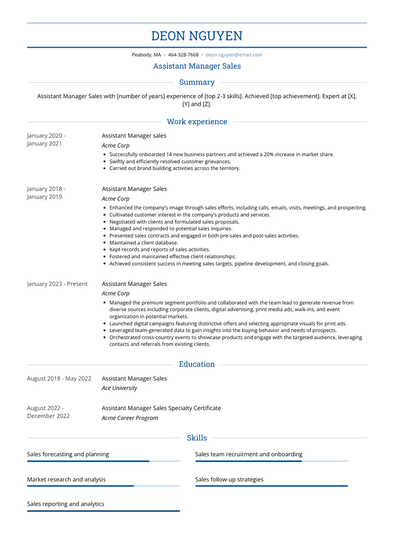 Assistant Manager Sales Resume Sample and Template