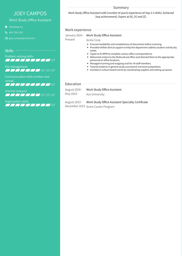 Work Study Office Assistant Resume Examples And Templates