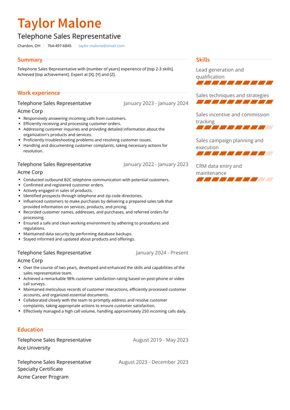 Telephone Sales Representative Resume Examples and Templates