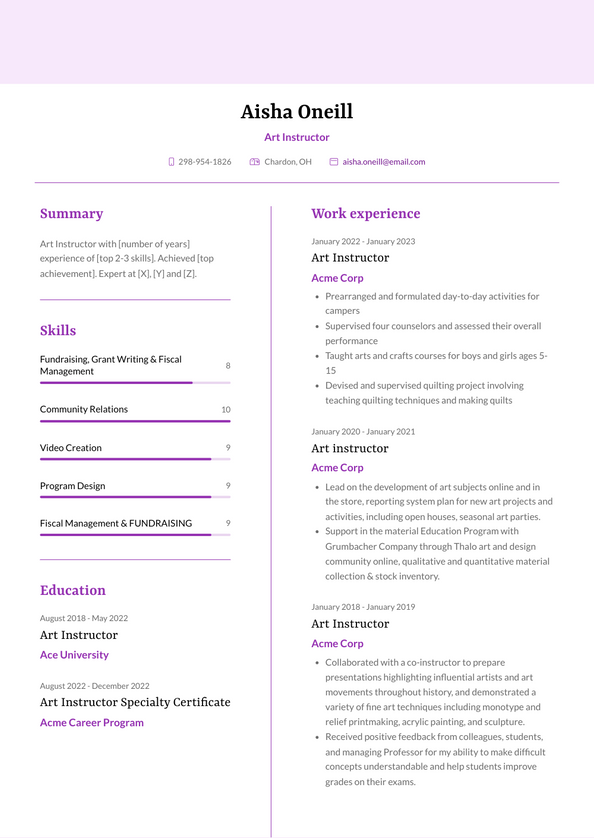 3+ Art Instructor Resume Examples and Templates