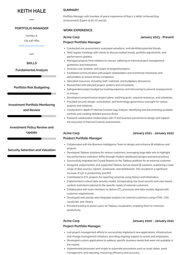 Portfolio Manager Resume Examples and Templates