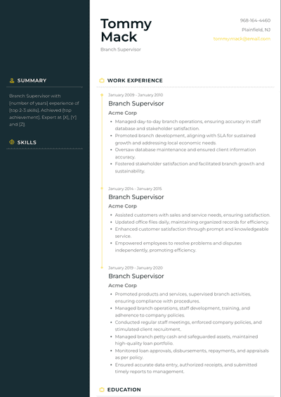 Branch Supervisor Resume Examples and Templates