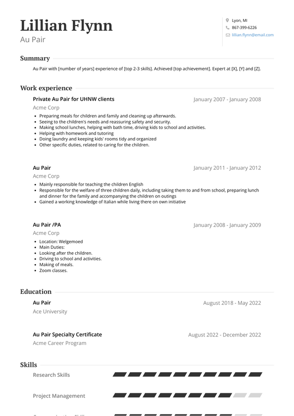 Au Pair Resume Examples and Templates