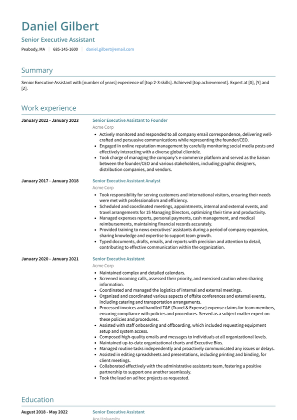 Senior Executive Assistant Resume Examples and Templates