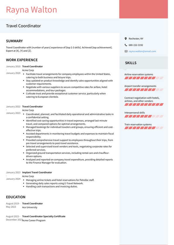 Travel Coordinator Resume Examples And Templates