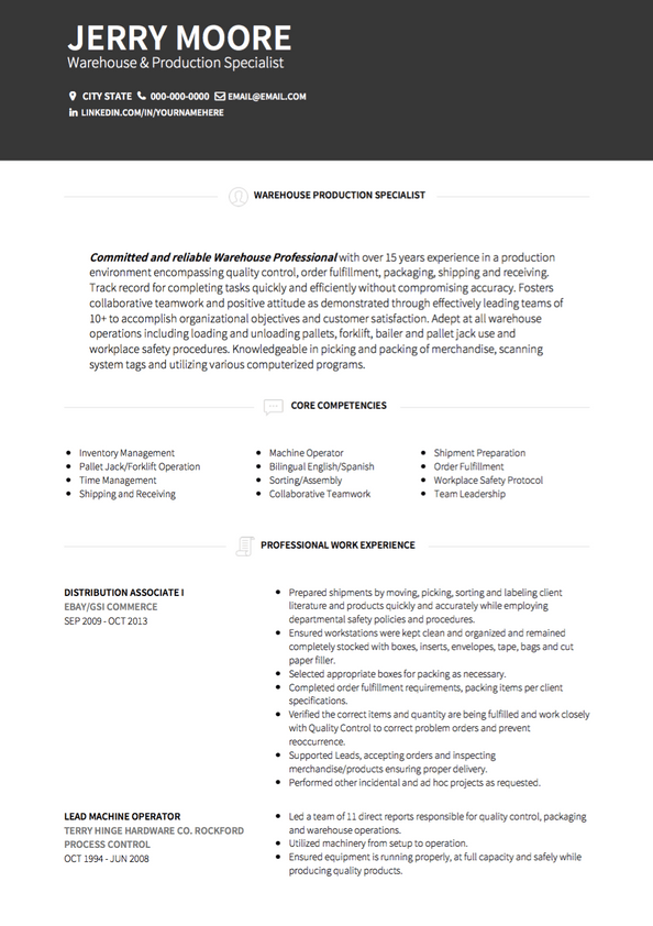 Warehouse Cv Examples Templates Visualcv