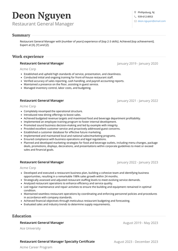 Restaurant General Manager Resume Examples and Templates