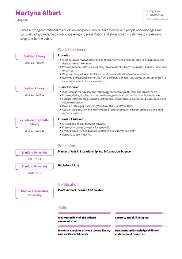 Librarian CV Examples & Templates | VisualCV