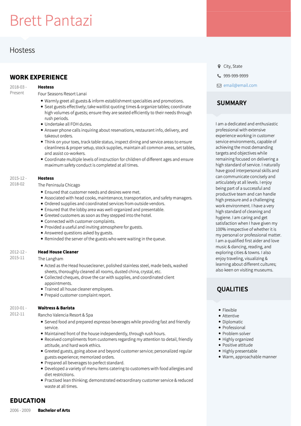 Hostess CV Examples & Templates | VisualCV