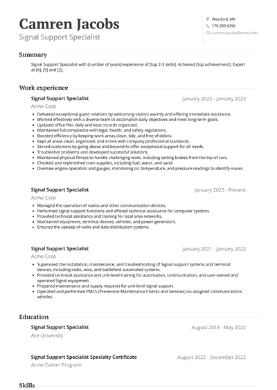 Signal Support Specialist Resume Examples and Templates