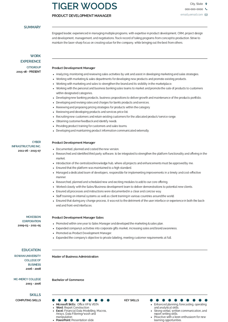 Product Development Manager Resume Sample and Template