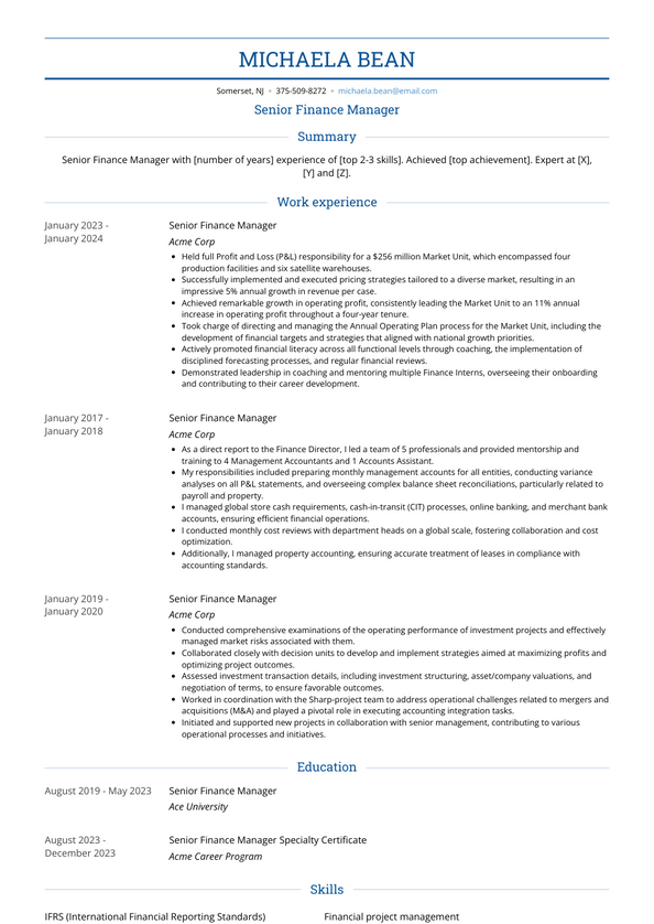 Senior Finance Manager Resume Examples and Templates