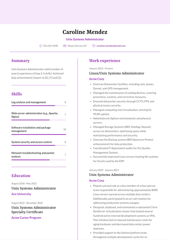 Unix Systems Administrator Resume Examples and Templates