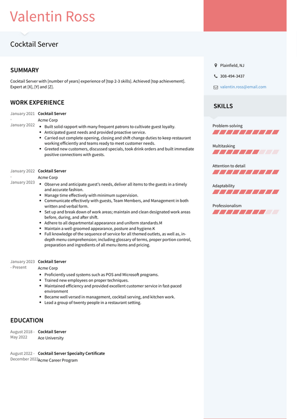 Cocktail Server Resume Examples and Templates