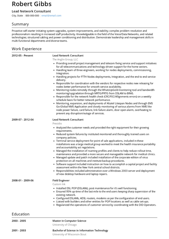 Network Consultant Resume Samples and Templates | VisualCV