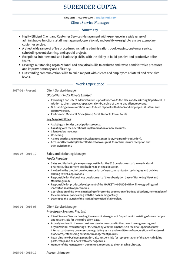 resume for client service manager