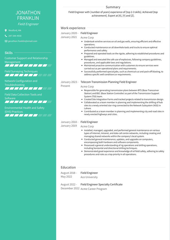 3 Field Engineer Resume Examples And Templates   Field Engineer Resume Example Avant 