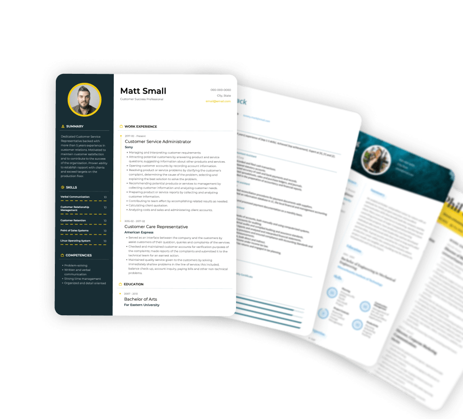 A customer success professional's resume in front of a fan of other resume templates