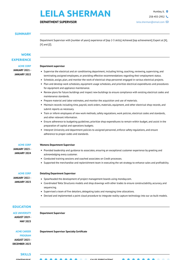 Department Supervisor Resume Examples and Templates