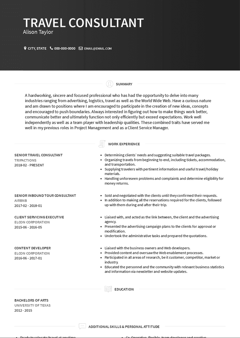 Travel Consultant Resume Samples and Templates VisualCV