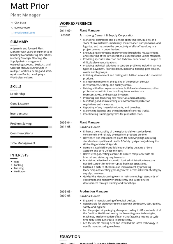 Plant Manager Resume Samples and Templates | VisualCV