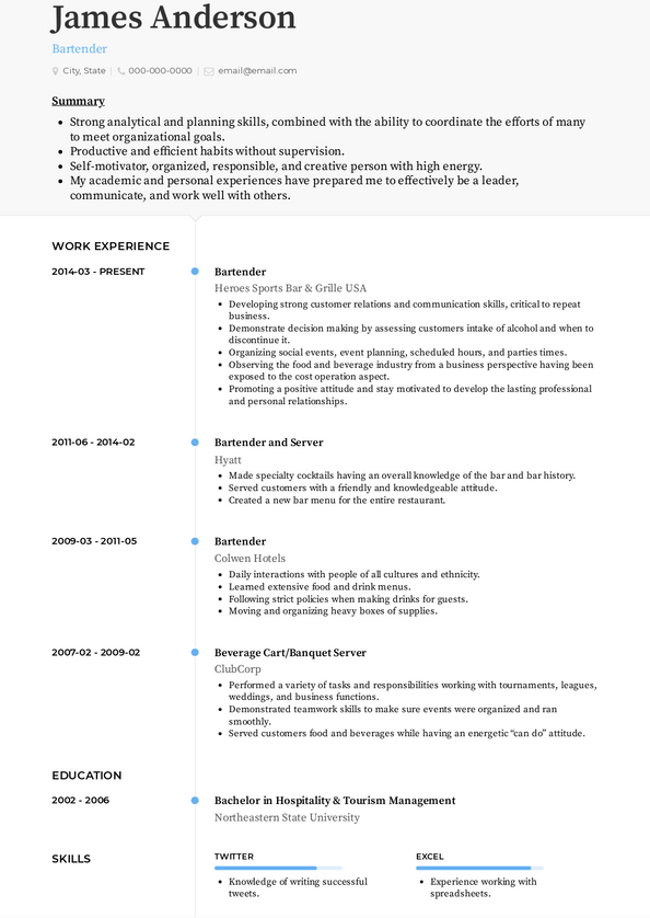 Bartender No Experience Resume Examples and Templates