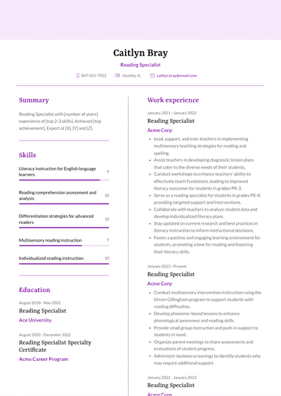 Reading Specialist Resume Examples and Templates