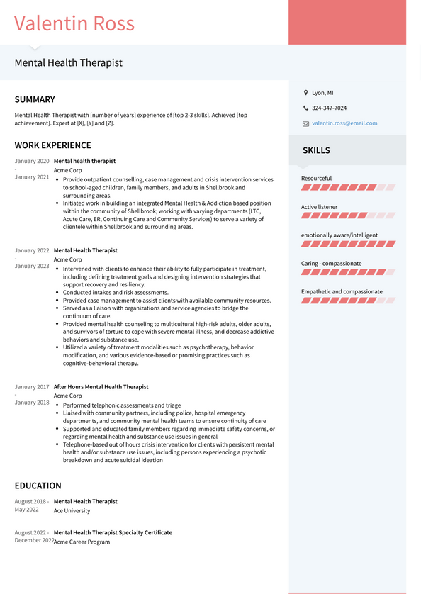 resume examples for mental health professionals