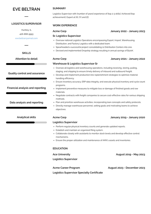 Logistics Supervisor Resume Examples and Templates