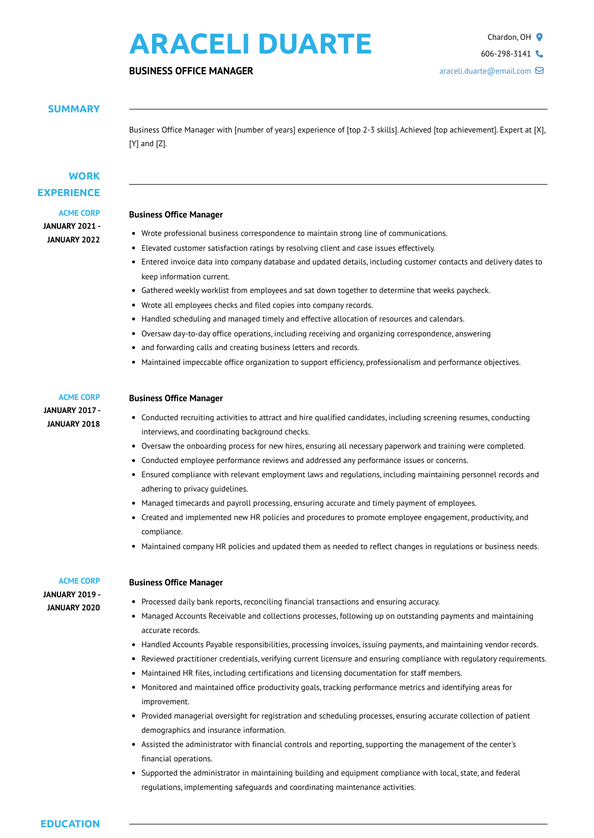 Business Office Manager Resume Examples and Templates