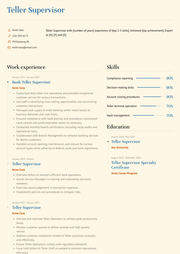 Teller Supervisor Resume Examples and Templates