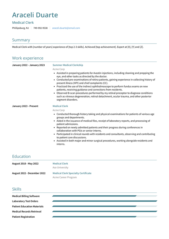 Medical Clerk Resume Examples And Templates   Medical Clerk Resume Example Monaco 