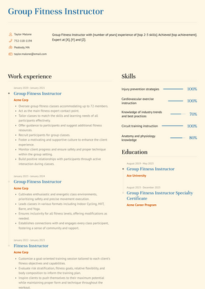 Group Fitness Instructor Resume Sample and Template
