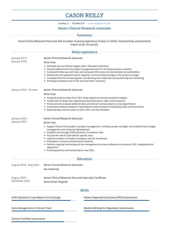 Senior Clinical Research Associate Resume Examples and Templates