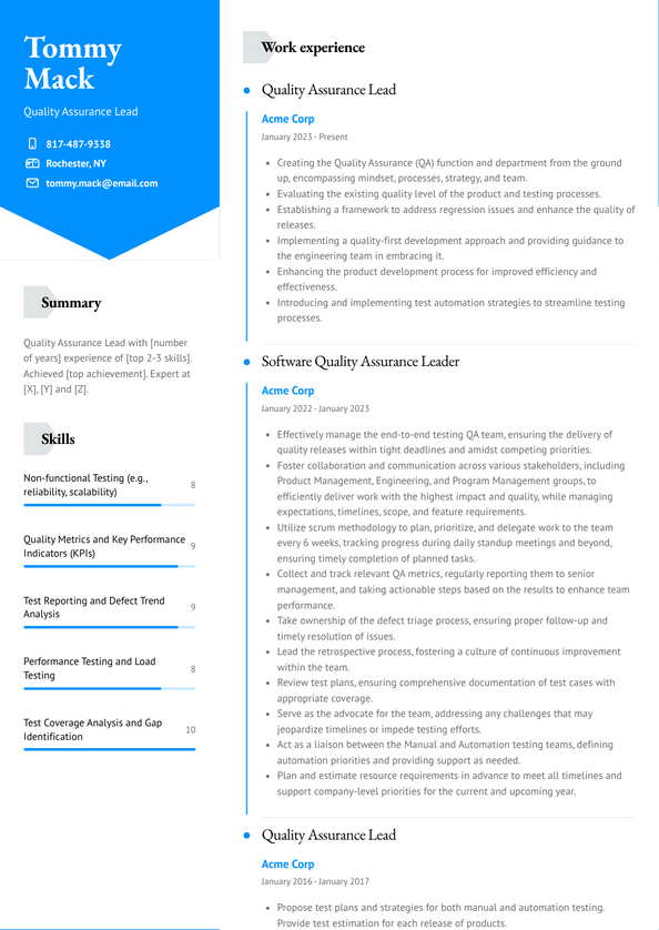 Quality Assurance Lead Resume Examples and Templates