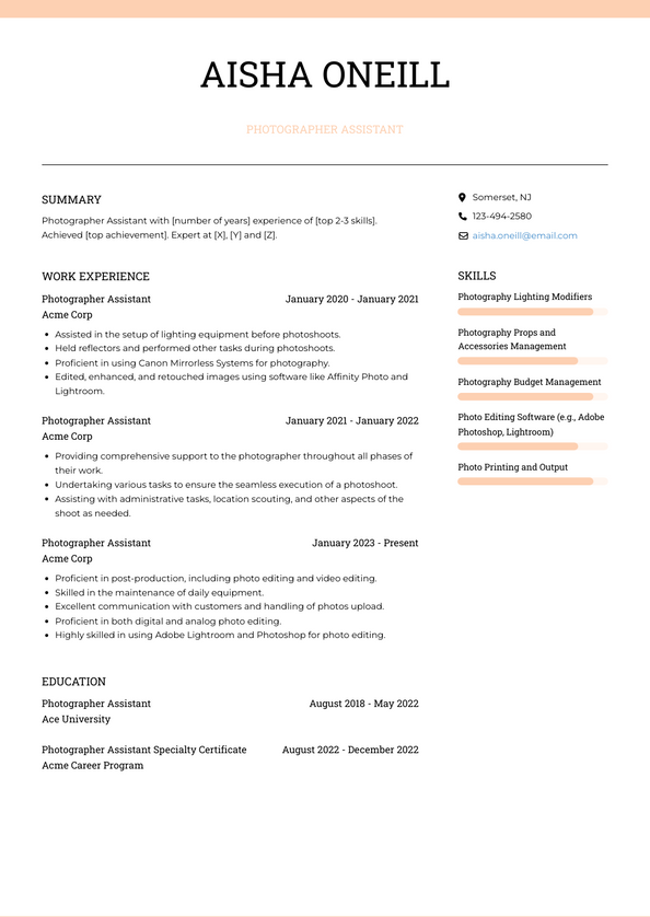Photographer Assistant Resume Examples and Templates