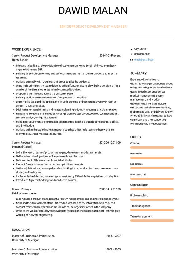 product development manager resume examples