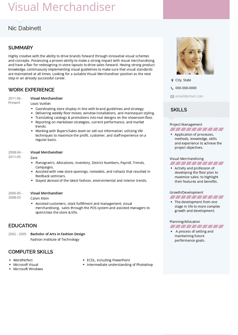 resume objective examples for visual merchandiser